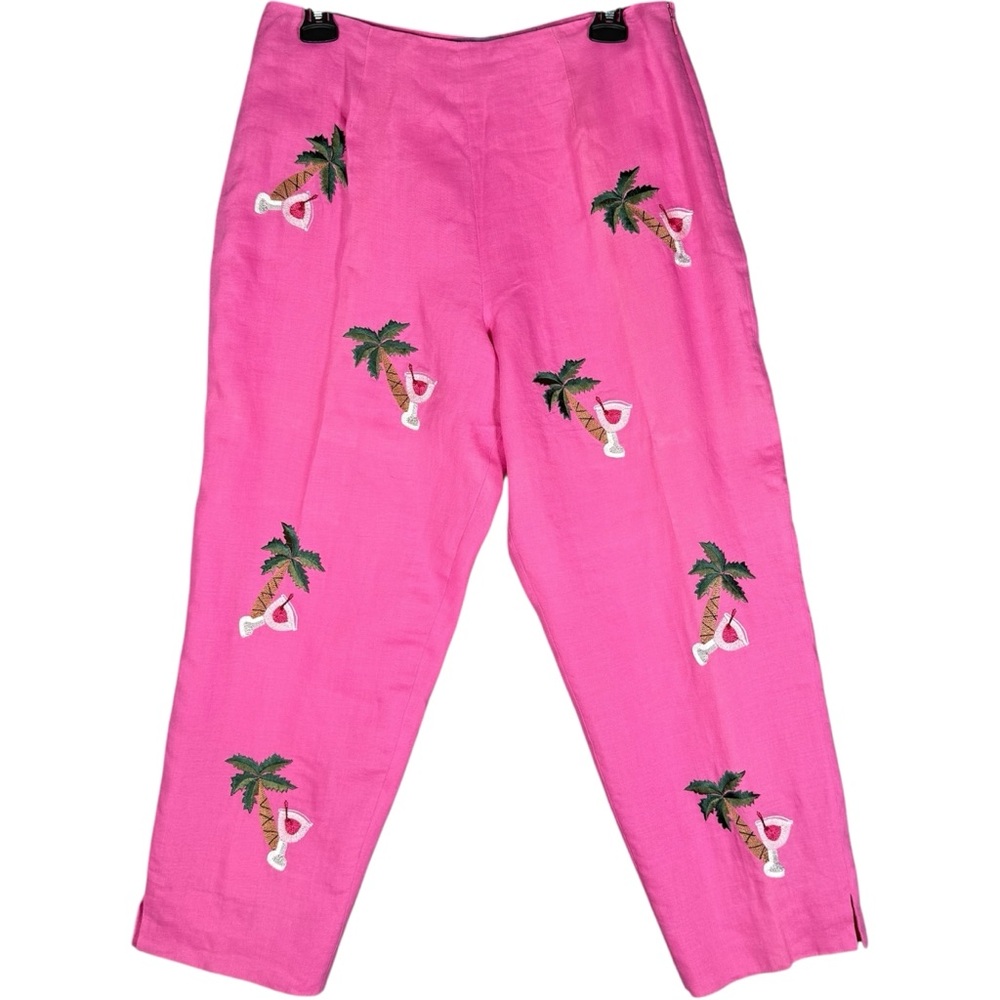 CJ Laing 100% Linen Embroidered Pink Pants Cropped Resort Vacation Cruise 12